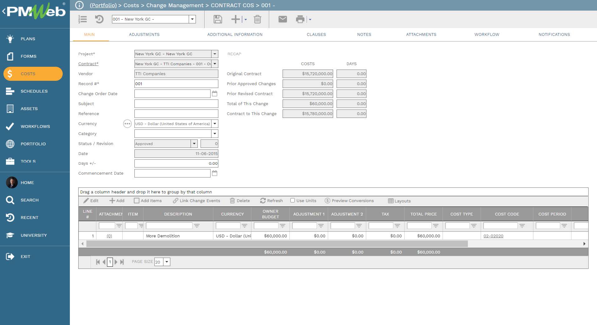 PMWeb 7 Costs Change Managment Contract Main 