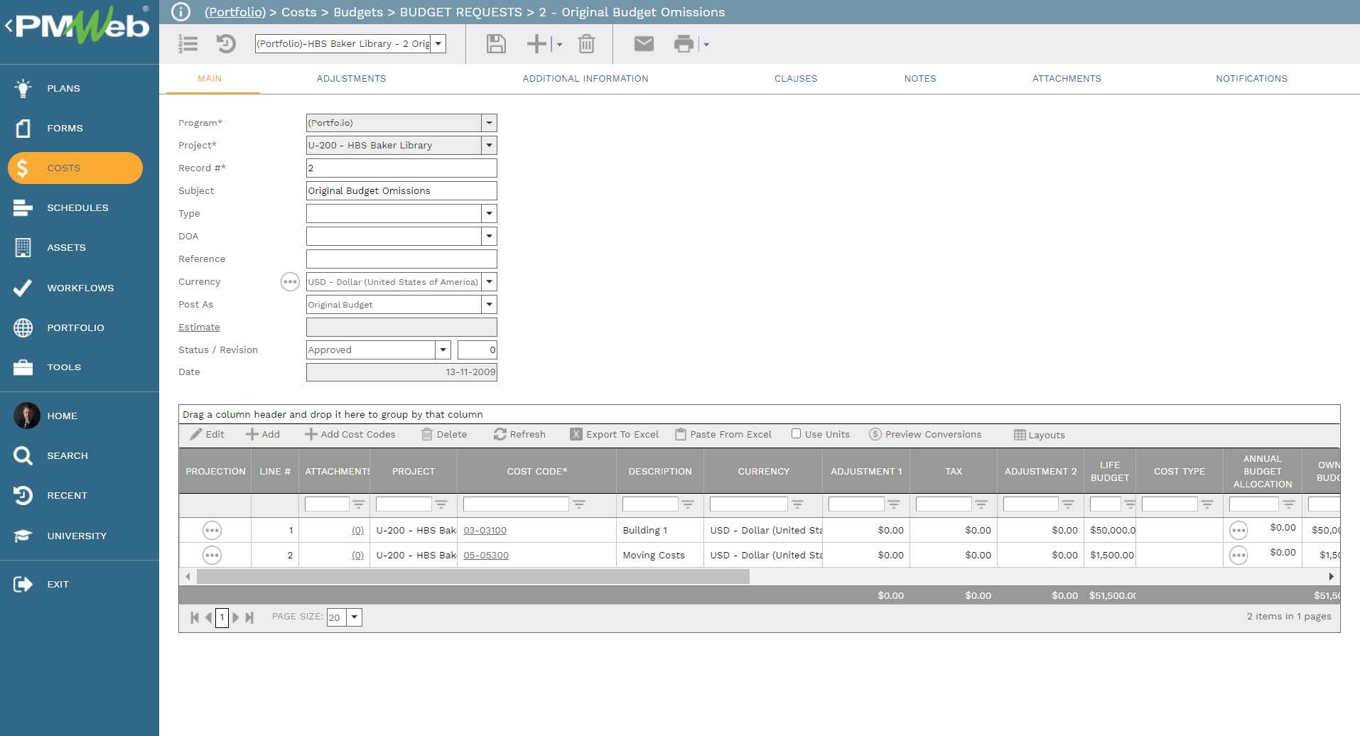 PMWeb 7 Costs Budgets Budget Requests Original Budget Omissions Main 