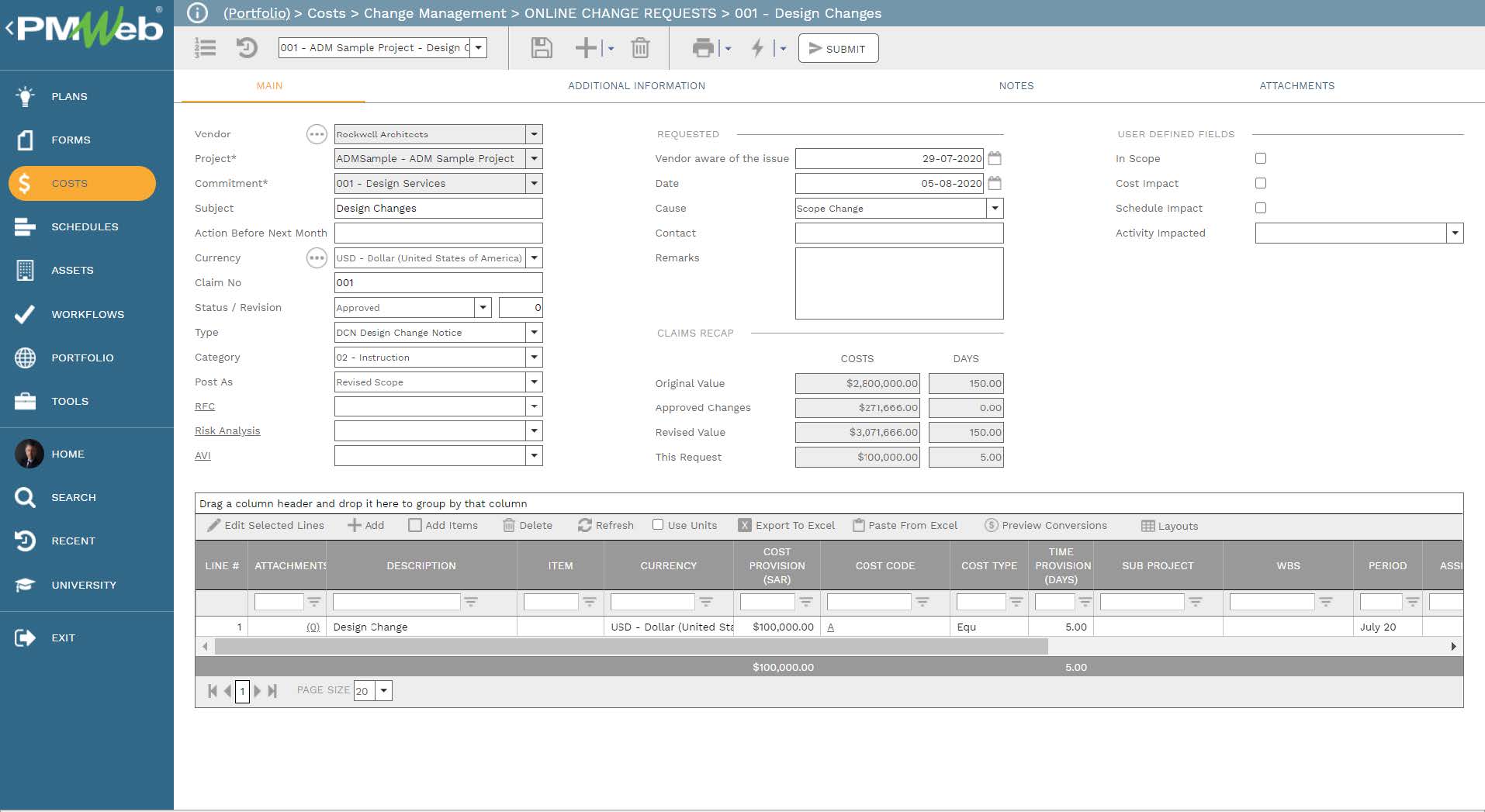 PMWeb 7 Costs Change Managment Online Change Requests Design Charges Main 