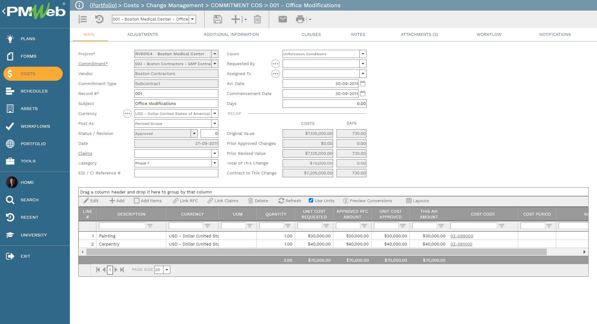 PMWeb 7 Costs Change Managment Commitment COS Office Modifications Main