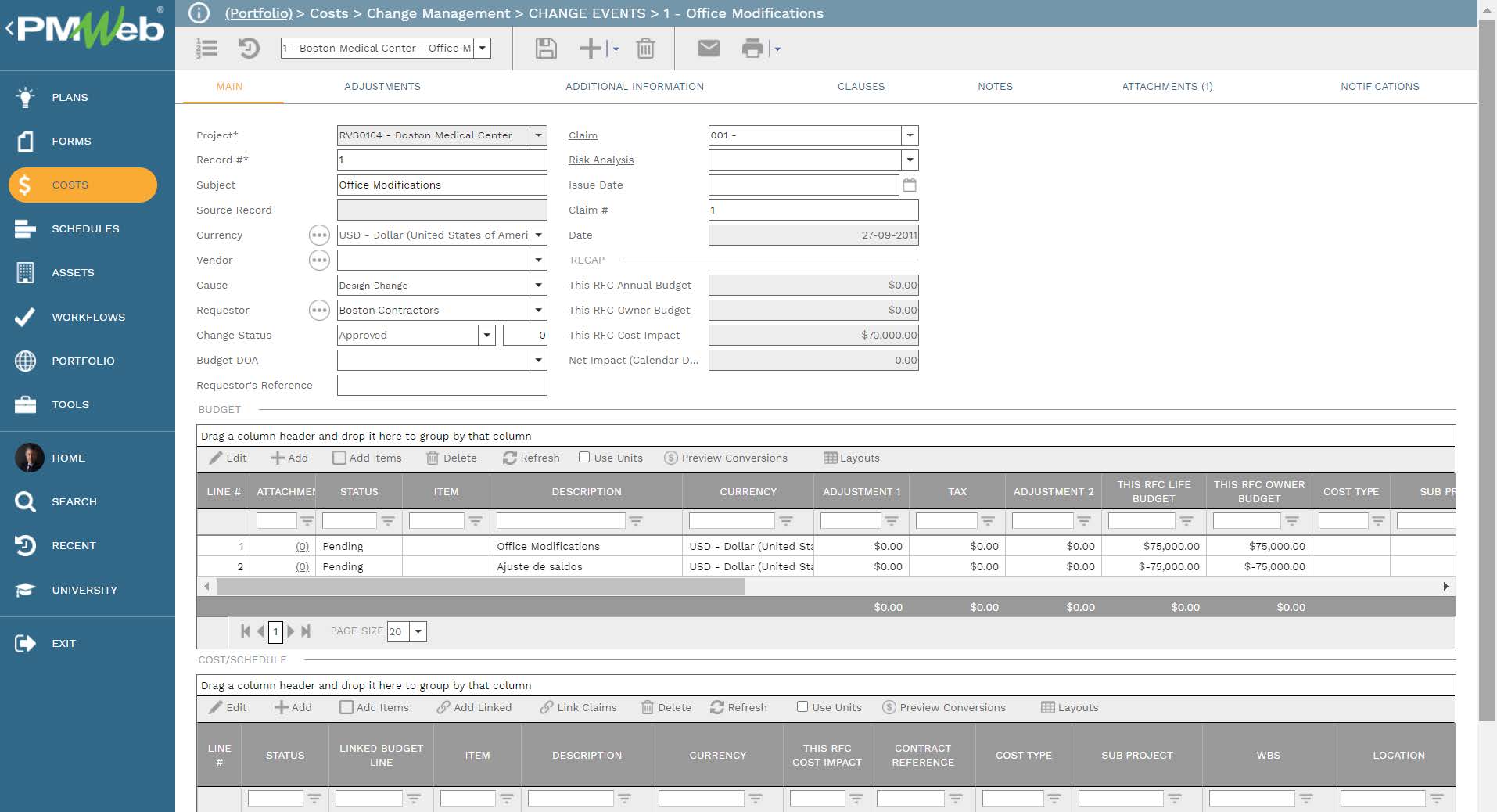 PMWeb 7 Costs Change Managment Commitment COS Office Modifications Main 
