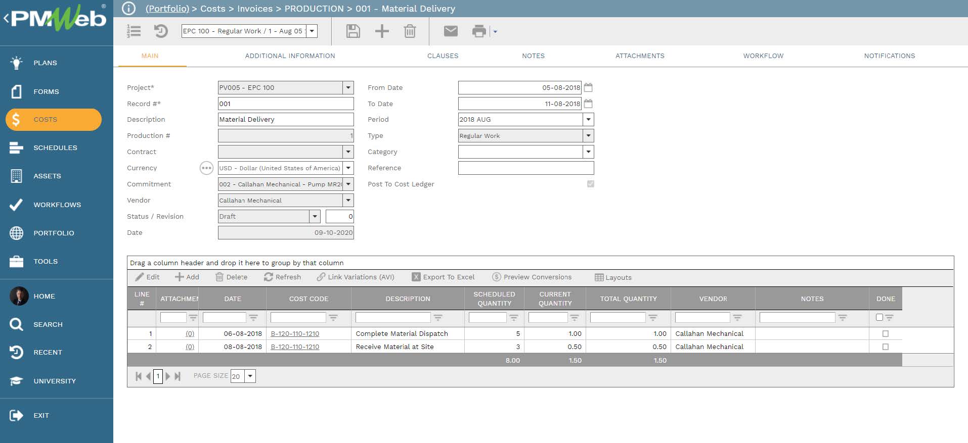 PMWeb 7 Costs Invoices Production Material Delivery Main