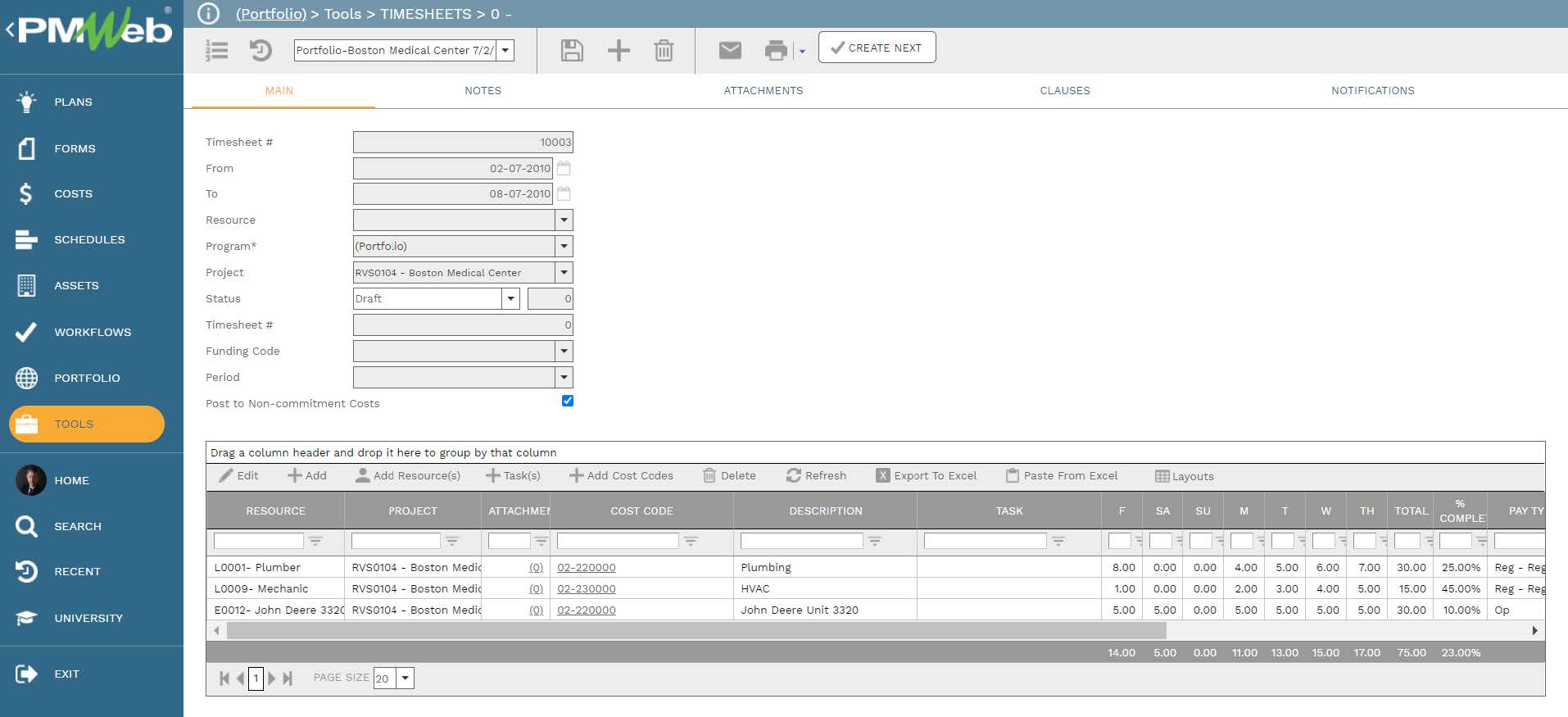 PMWeb 7 Tools Timesheets Main
