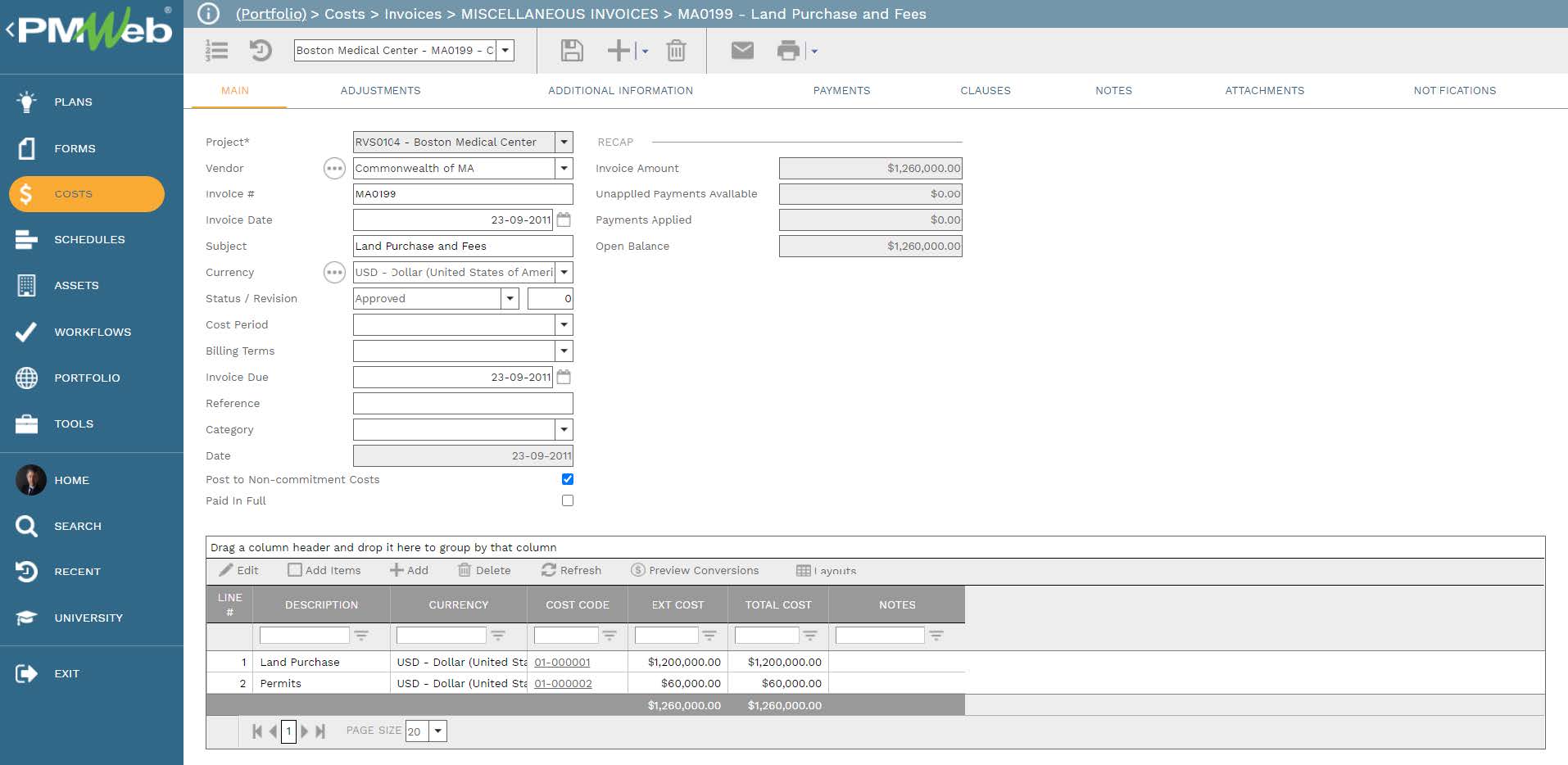 PMWeb 7 Costs Invoices Miscellaneous Invoices Land Purchase and Fees Main
