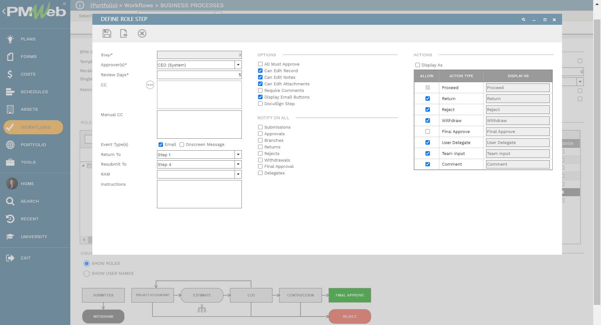 PMWeb 7 Workflows Business Processes Define Role Step
