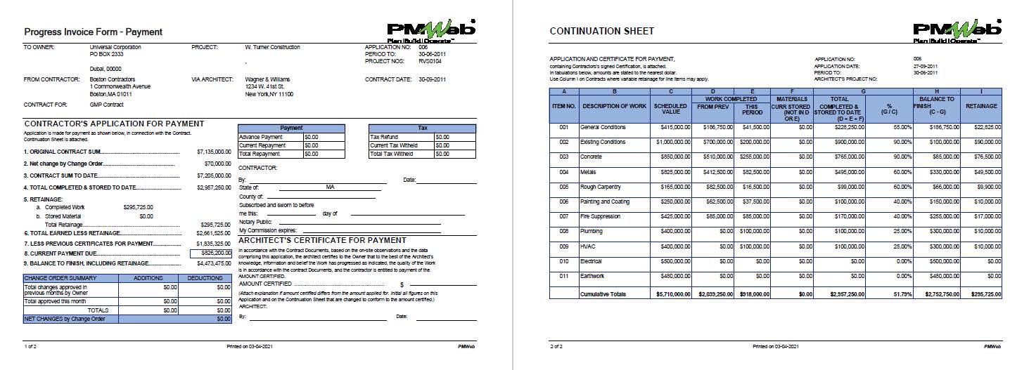 PMWeb 7 Progress Invoice Form Payment
Continuation Sheet