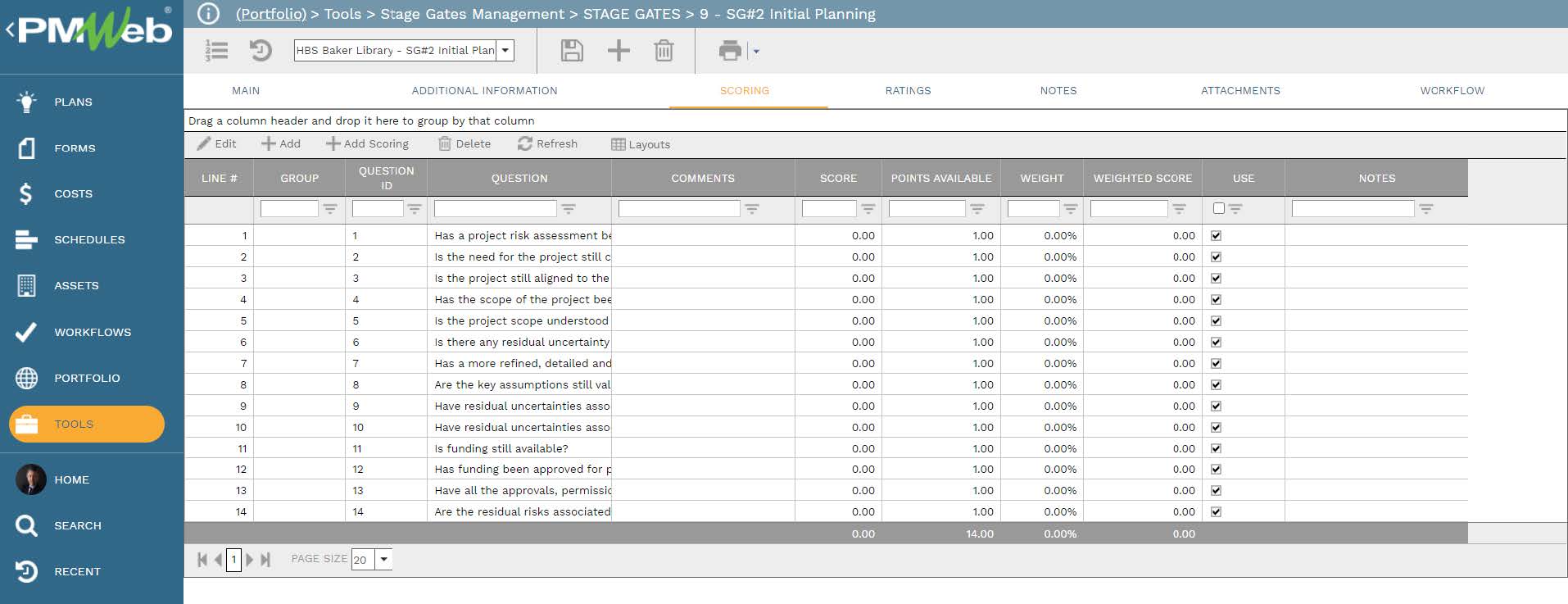 PMWeb 7 Tools Stage Gates Managment Stage Gates Initial Planning Scoring