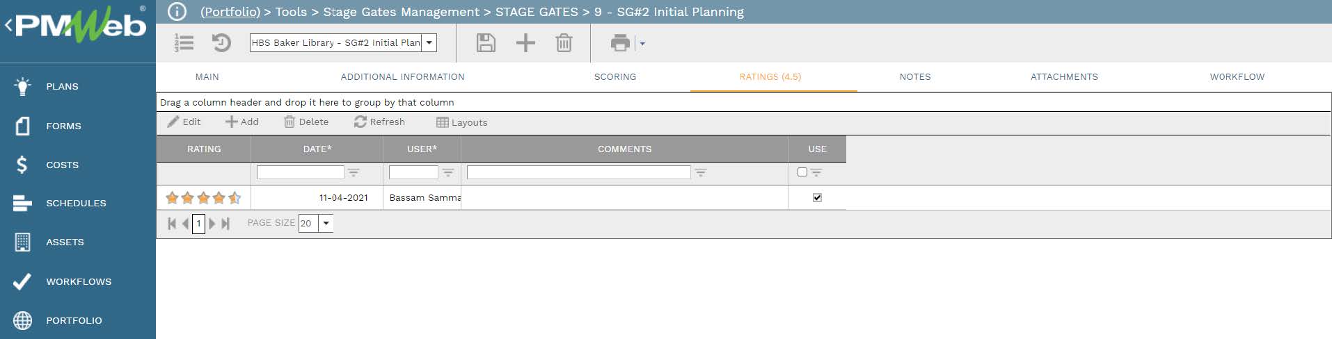 PMWeb 7 Tools Stage Gates Managment Stage Gates Initial Planning Ratings