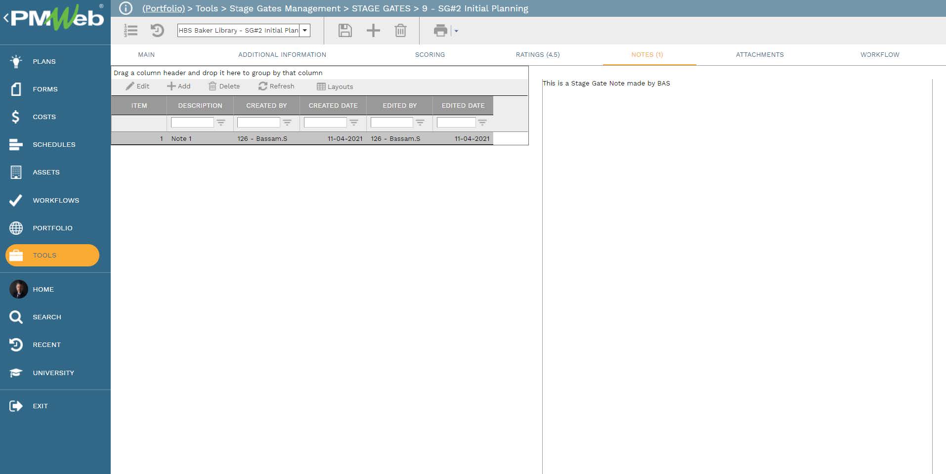PMWeb 7 Tools Stage Gates Managment Stage Gates Initial Planning Notes