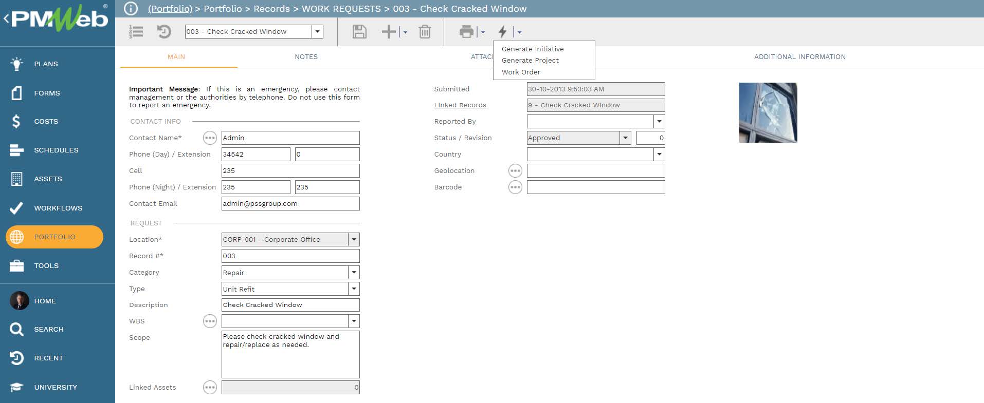 PMWeb 7 Portfolio Records Work Requests Check Cracked Window Main