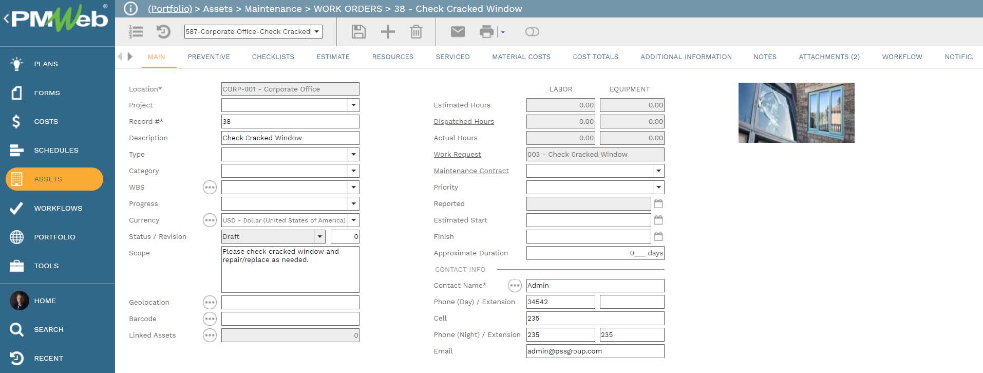 PMWeb 7 Assets Maintenance Work Orders Check Cracked Window Main