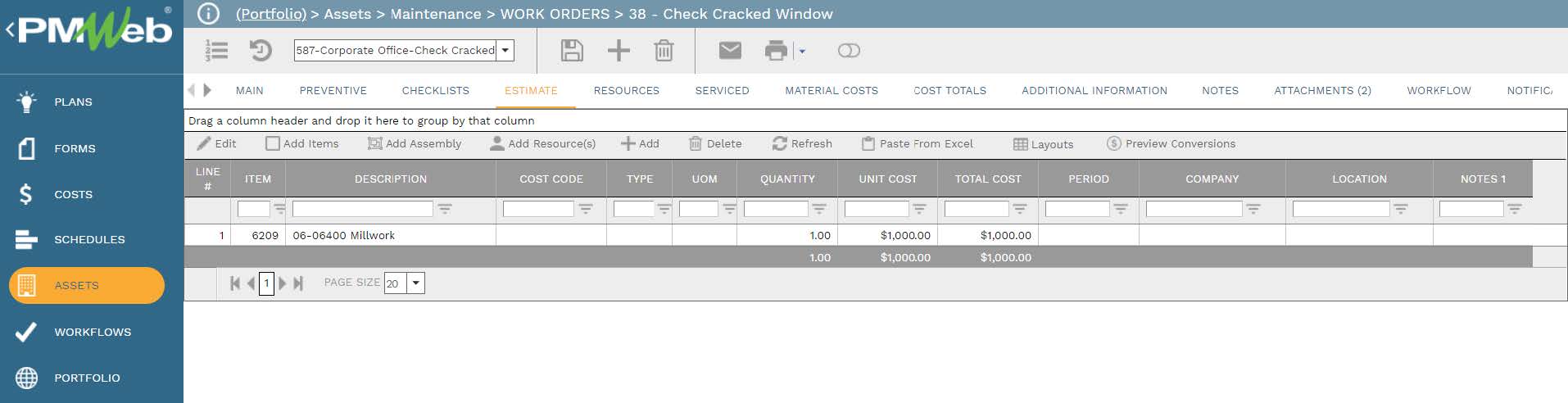 PMWeb 7 Assets Maintenance Work Orders Check Cracked Window Estimate