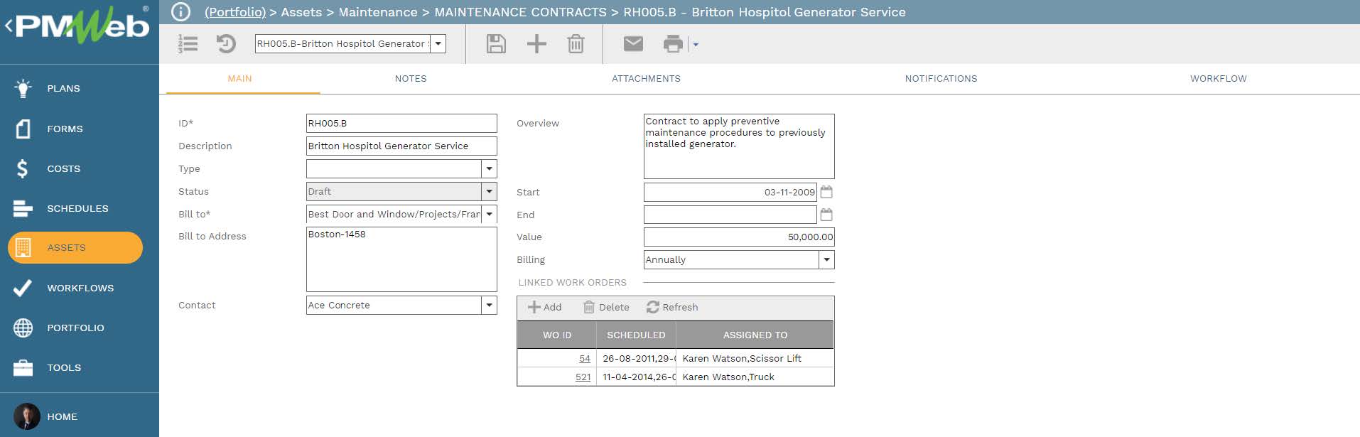 PMWeb 7 Assets Maintenance Contracts Main