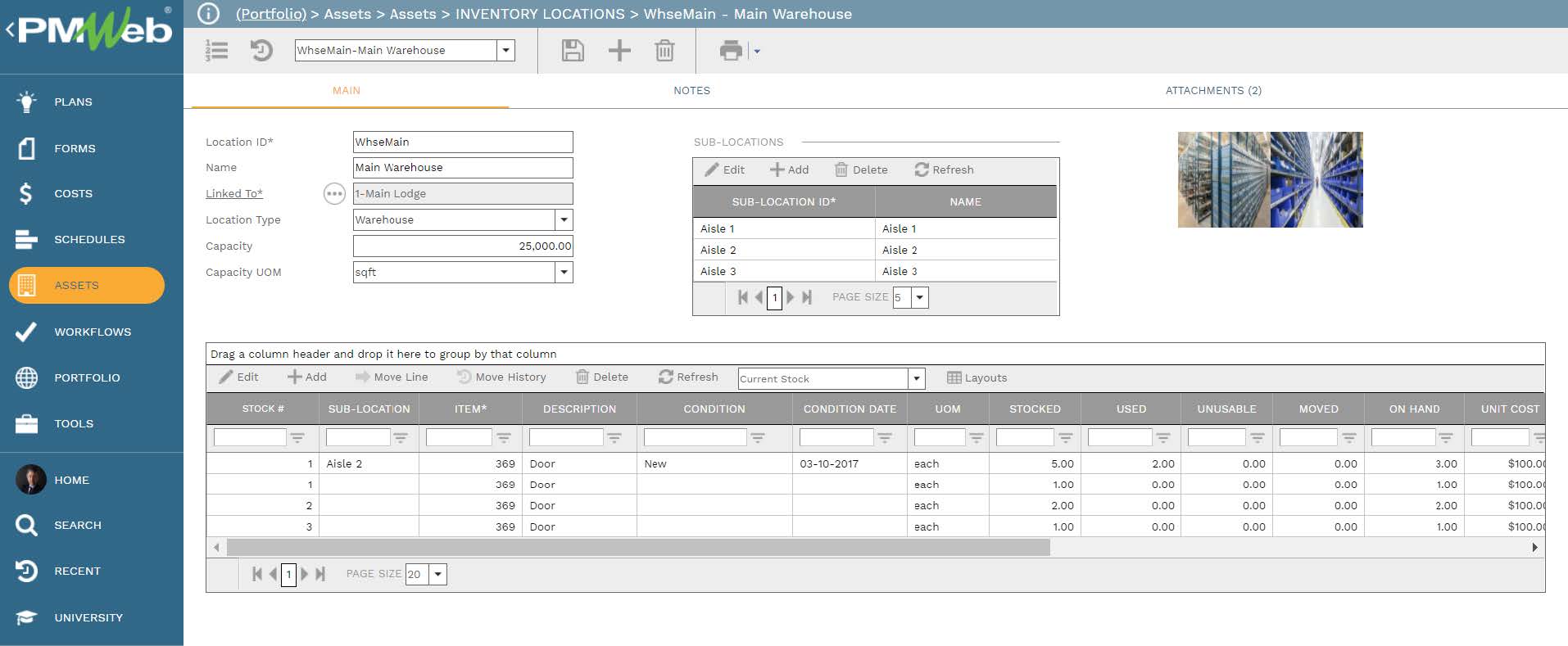 PMWeb 7 Assets Assets Inventory Locations Main