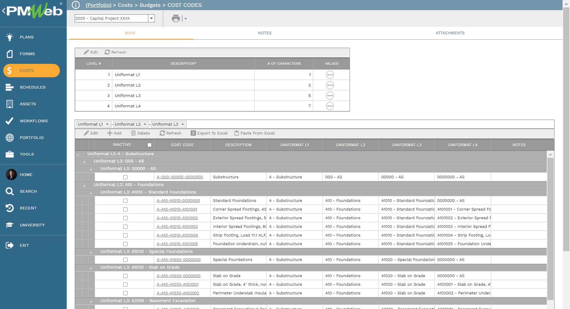 PMWeb 7 Costs Budgets Cost Codes Main 
