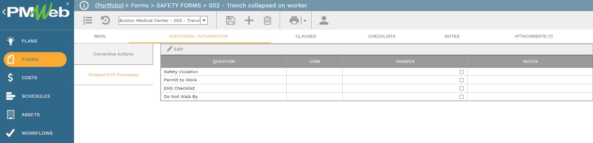 PMWeb 7 Forms Safety Forms Trench Collapsed on Worker Additional Information