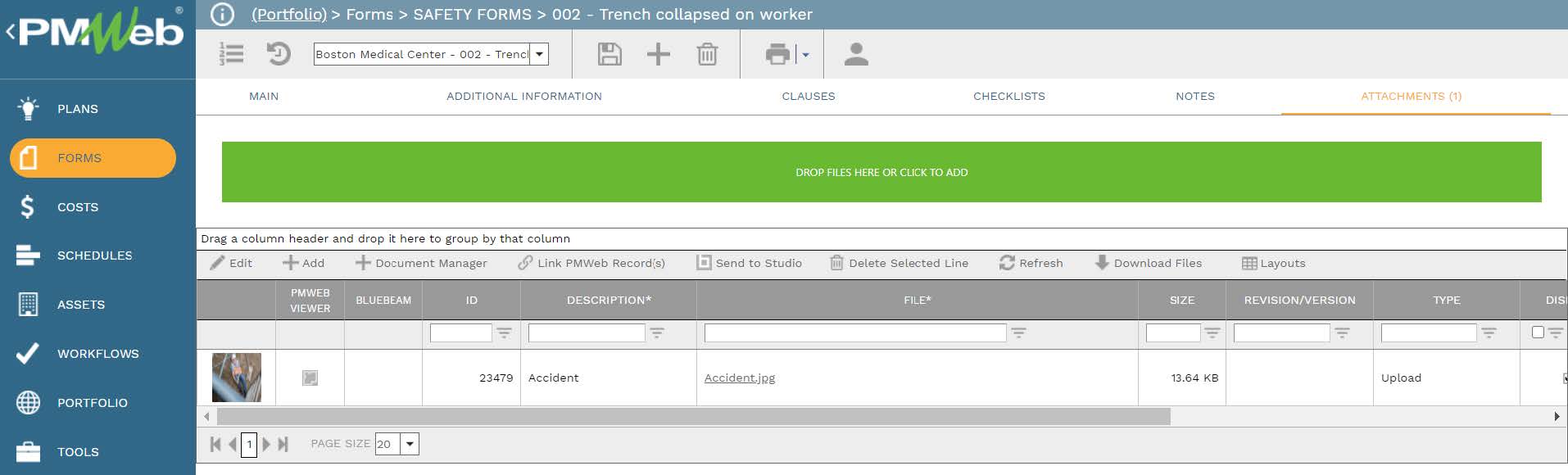 PMWeb 7 Forms Safety Forms Trench Collapsed on Worker Attachment