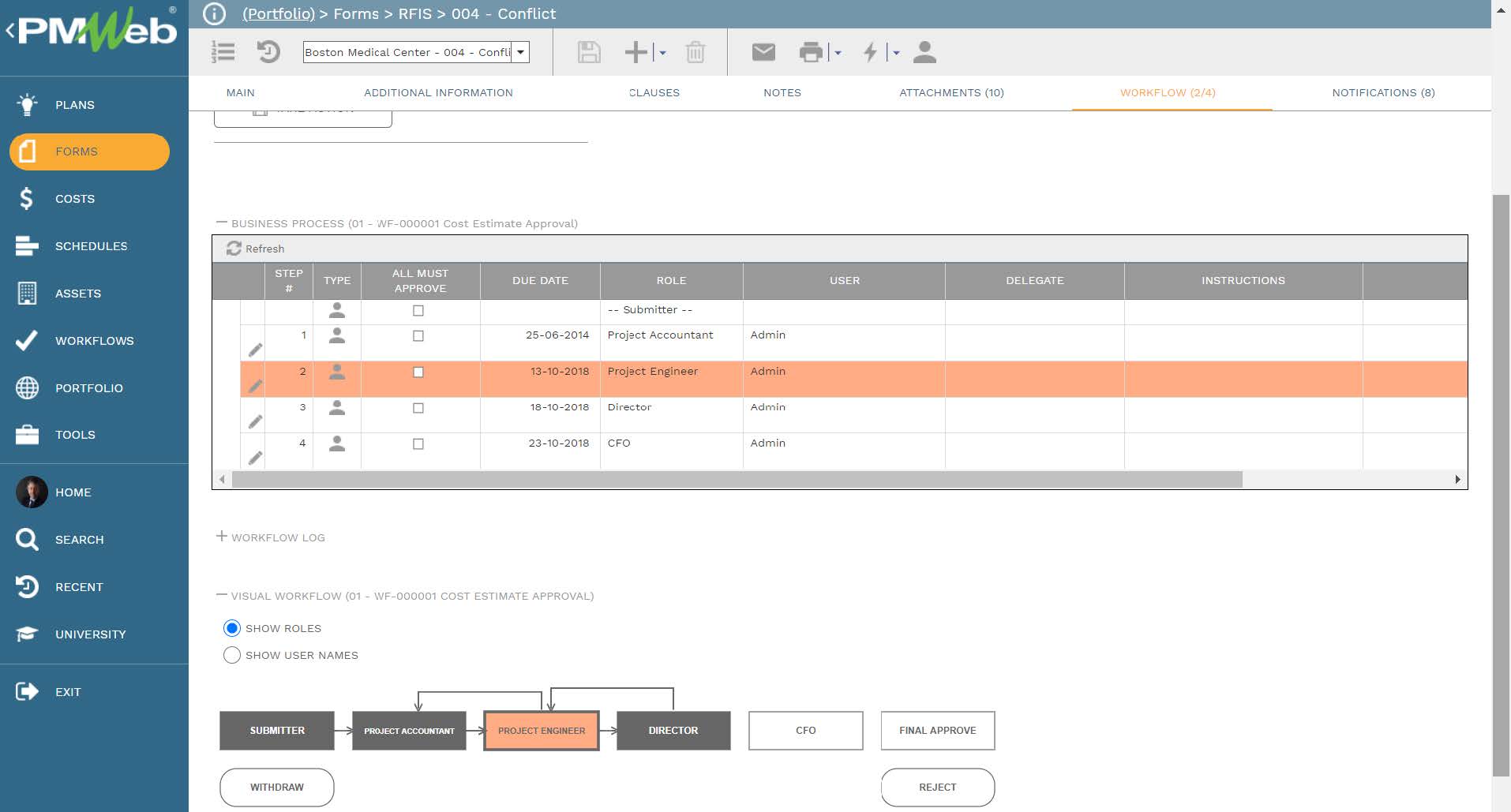 PMWeb 7 Forms RFIs Conflict Workflow
