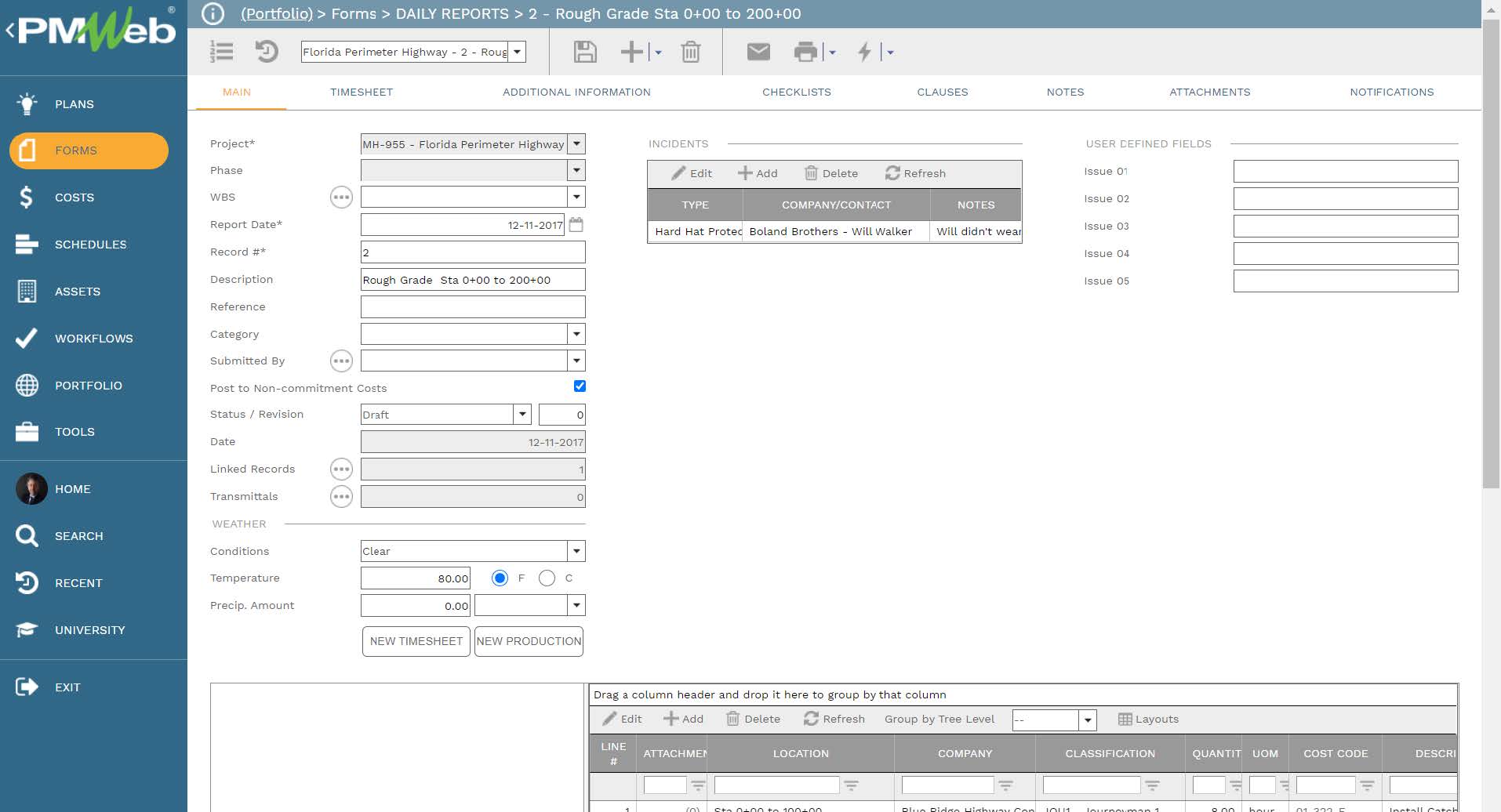 PMWeb 7 Forms Daily Reports Rough Grade Sta Main