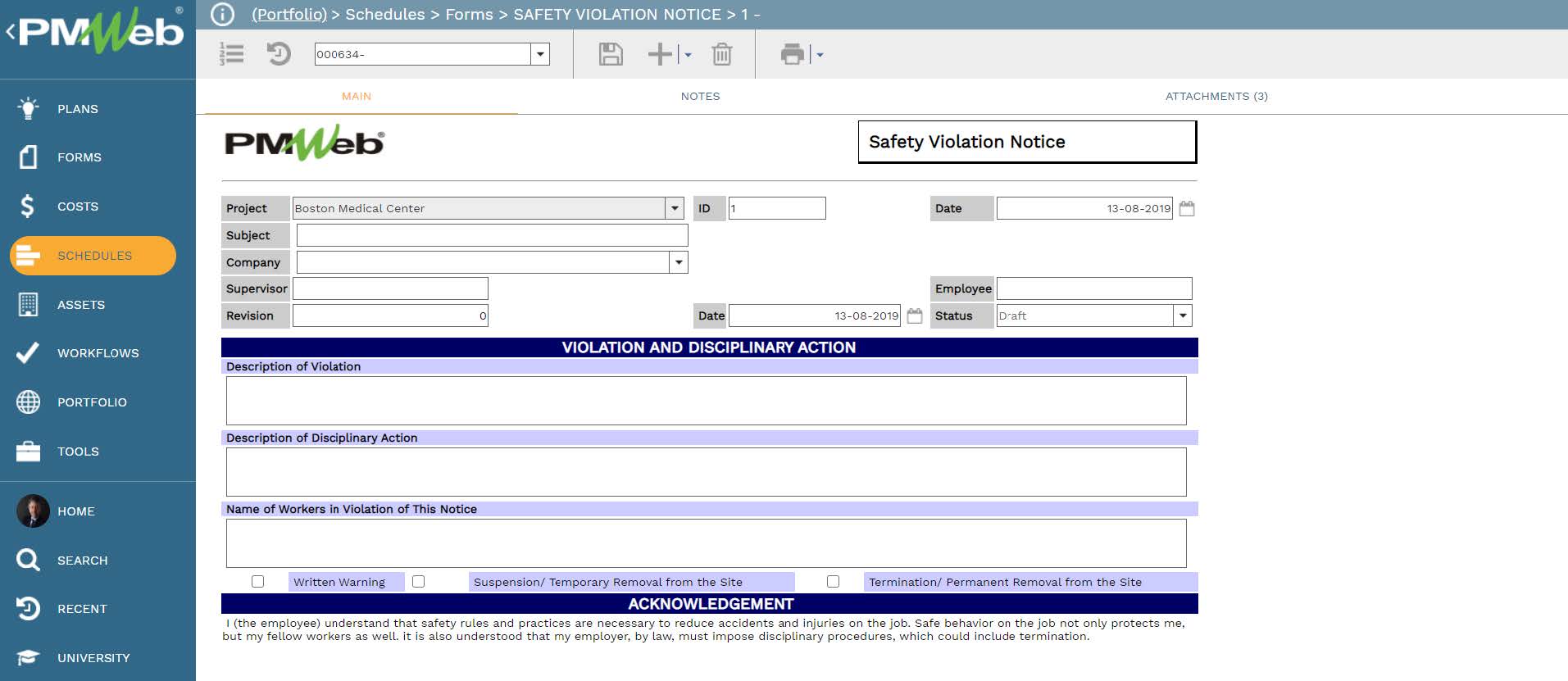 PMWeb 7 Schedules Forms Safety Violation Notice Main