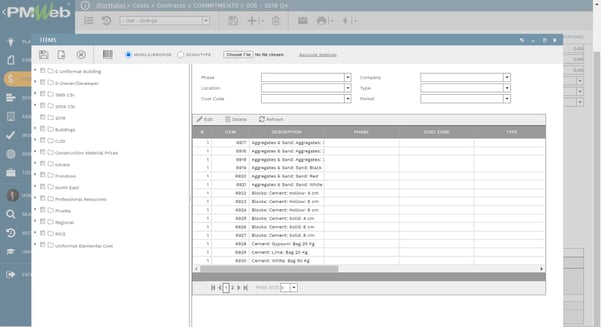 PMWeb 7 Costs Contracts Commitments Items for the Material Price Index