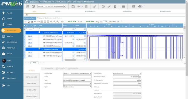 PMWeb 7 Schedules EPC Milestone Dates Chart