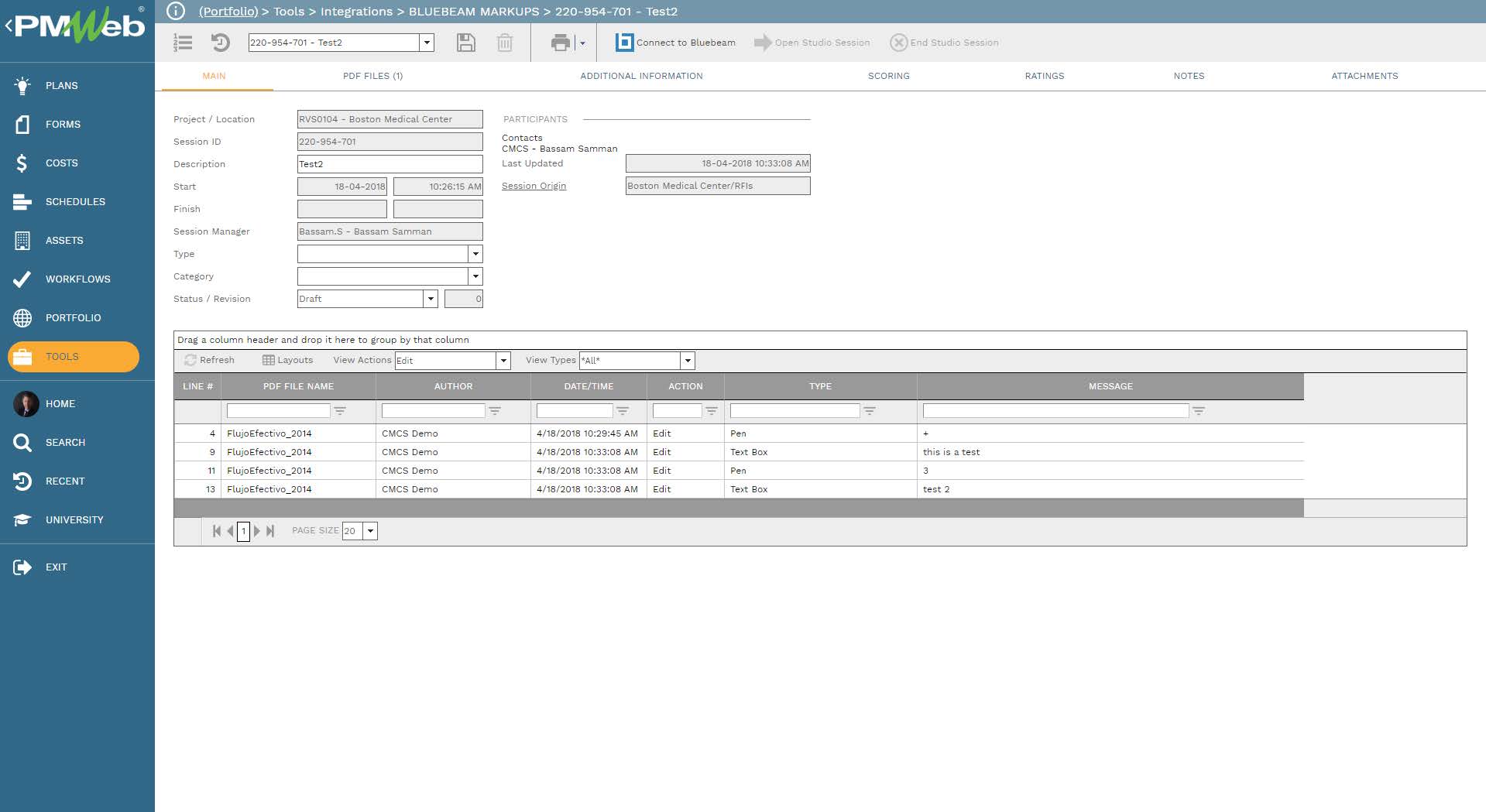PMWeb 7 Tools Integration Bluebeam Markups Main