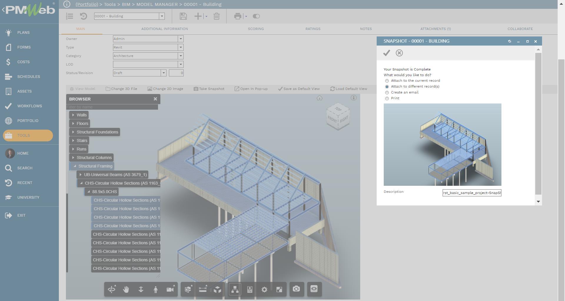 PMWeb 7 Tools BIM Model Manager Building Main Snapshot Building