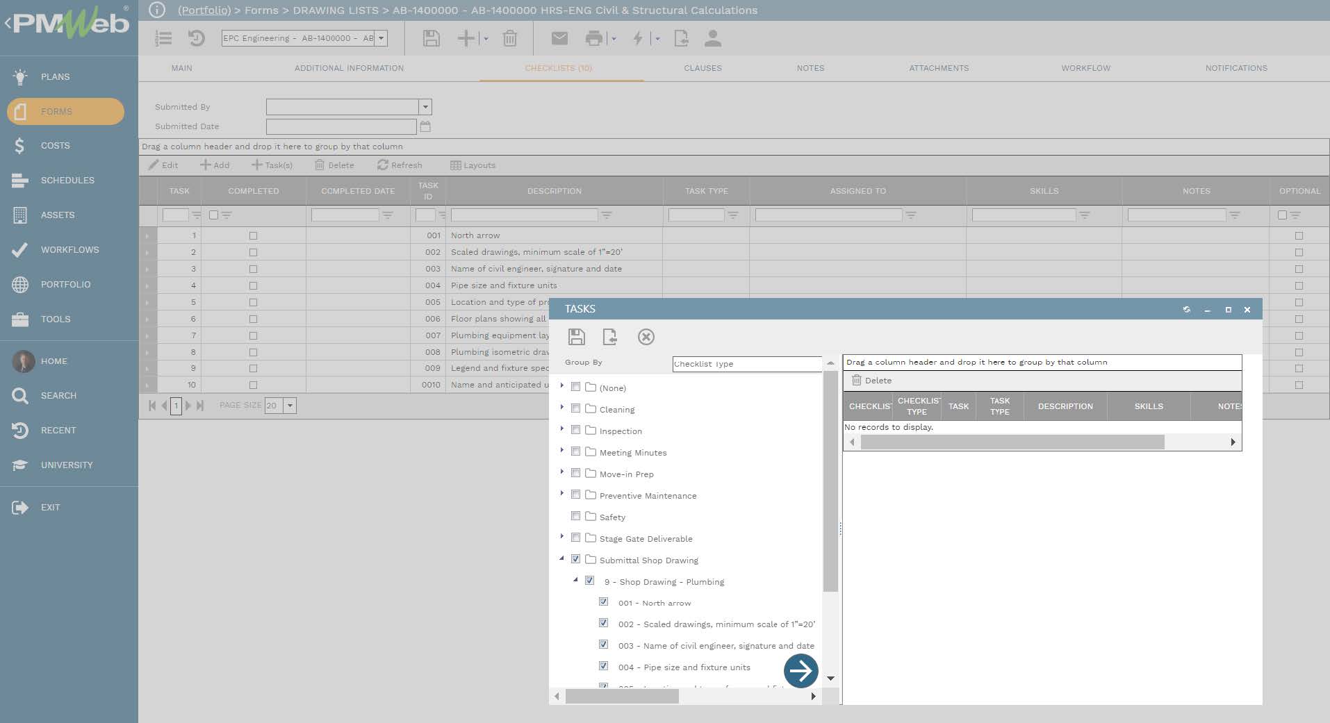PMWeb 7 Forms Drawing Lists Checklist Tasks
