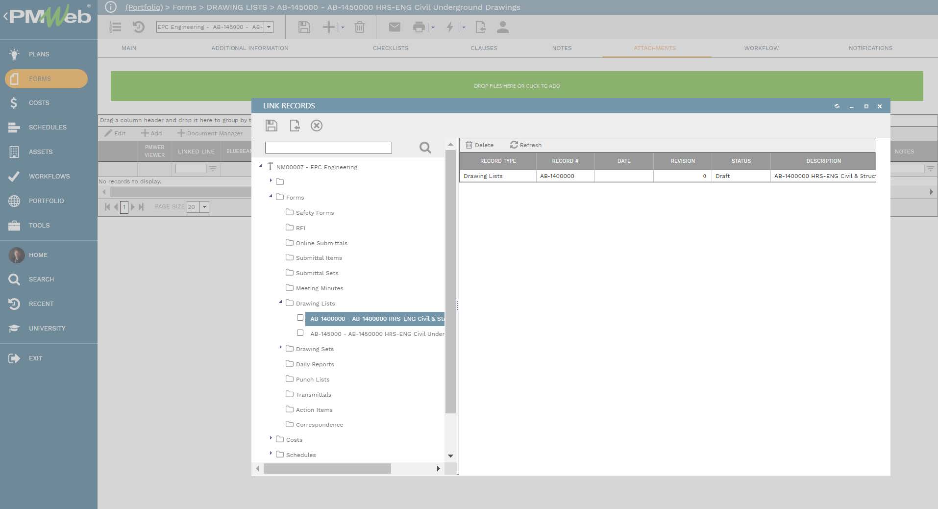 PMWeb 7 Forms Drawing Lists Attachment Link Records