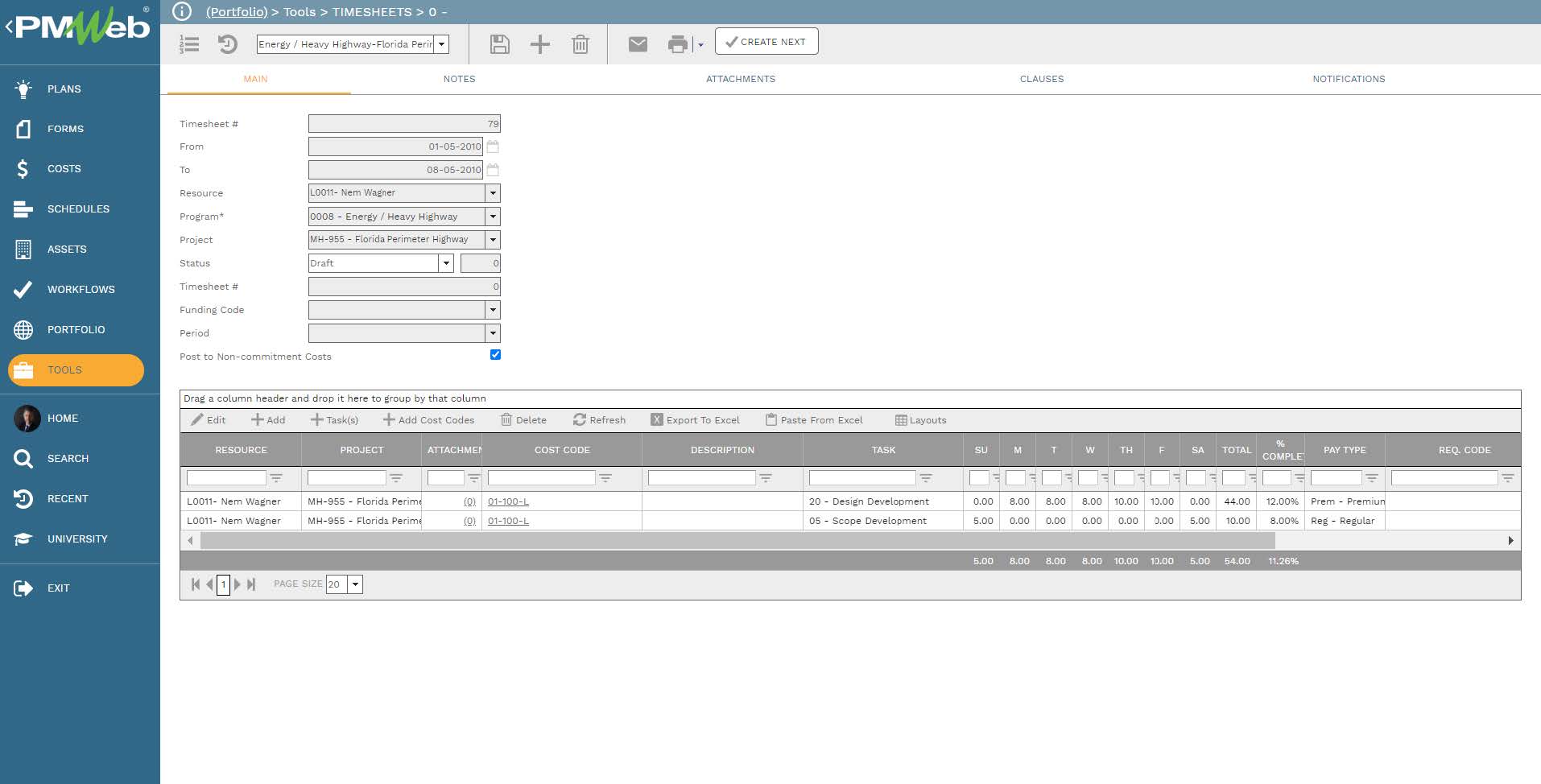 PMWeb 7 Tools Timesheets Main