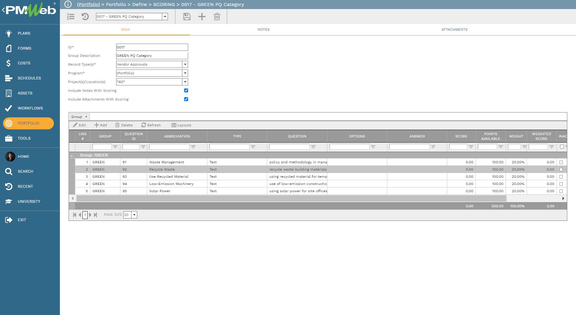 PMWeb 7 Portfolio Define Scoring Main