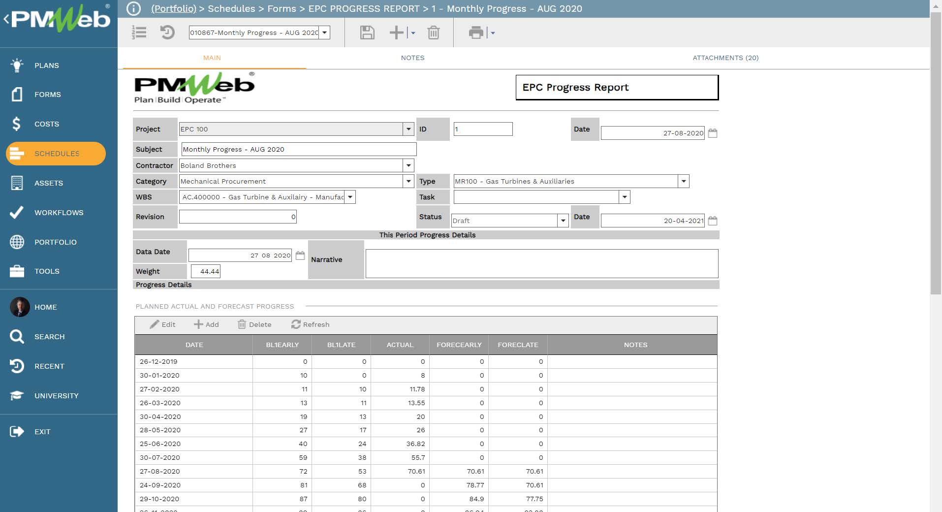 PMWeb 7 Schedules Forms EPC Progress Report Monthly Progress Main