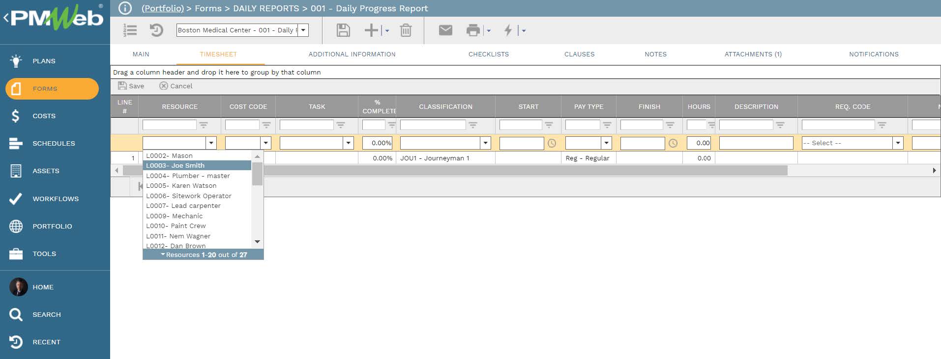 PMWeb 7 Forms Daily Reports Daily Progress Report Timesheet 
