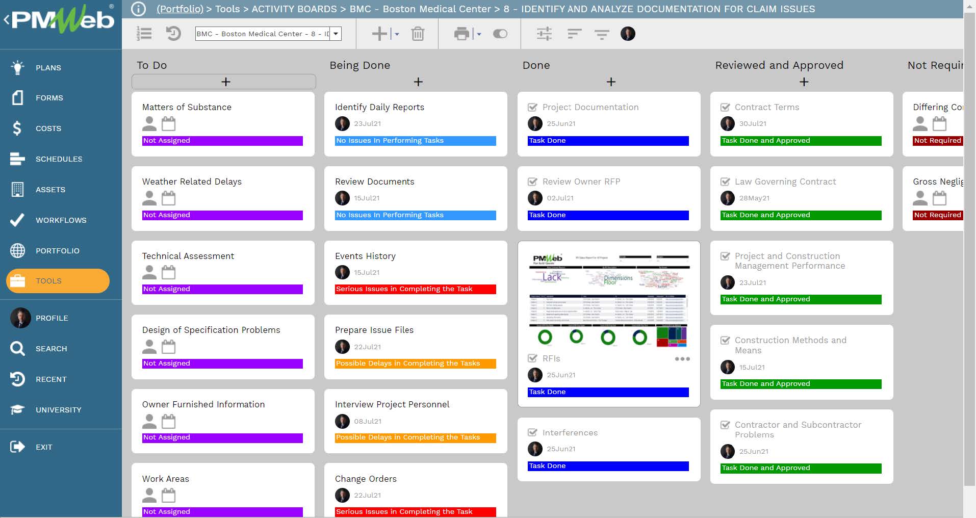 PMWeb 7 Tools Activity Boards BMC Boston Medical Center Identify and Analyze Documentation for Claim Issues 