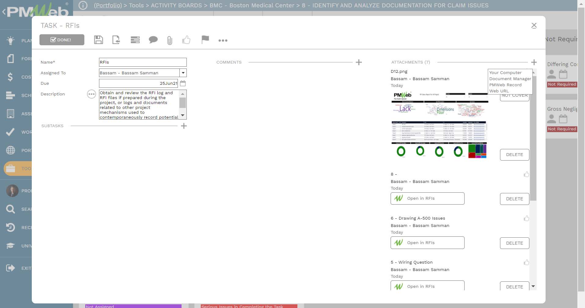 PMWeb 7 Tools Activity Boards BMC Boston Medical Center Identify and Analyze Documentation for Claim Issues Task RFIs 
