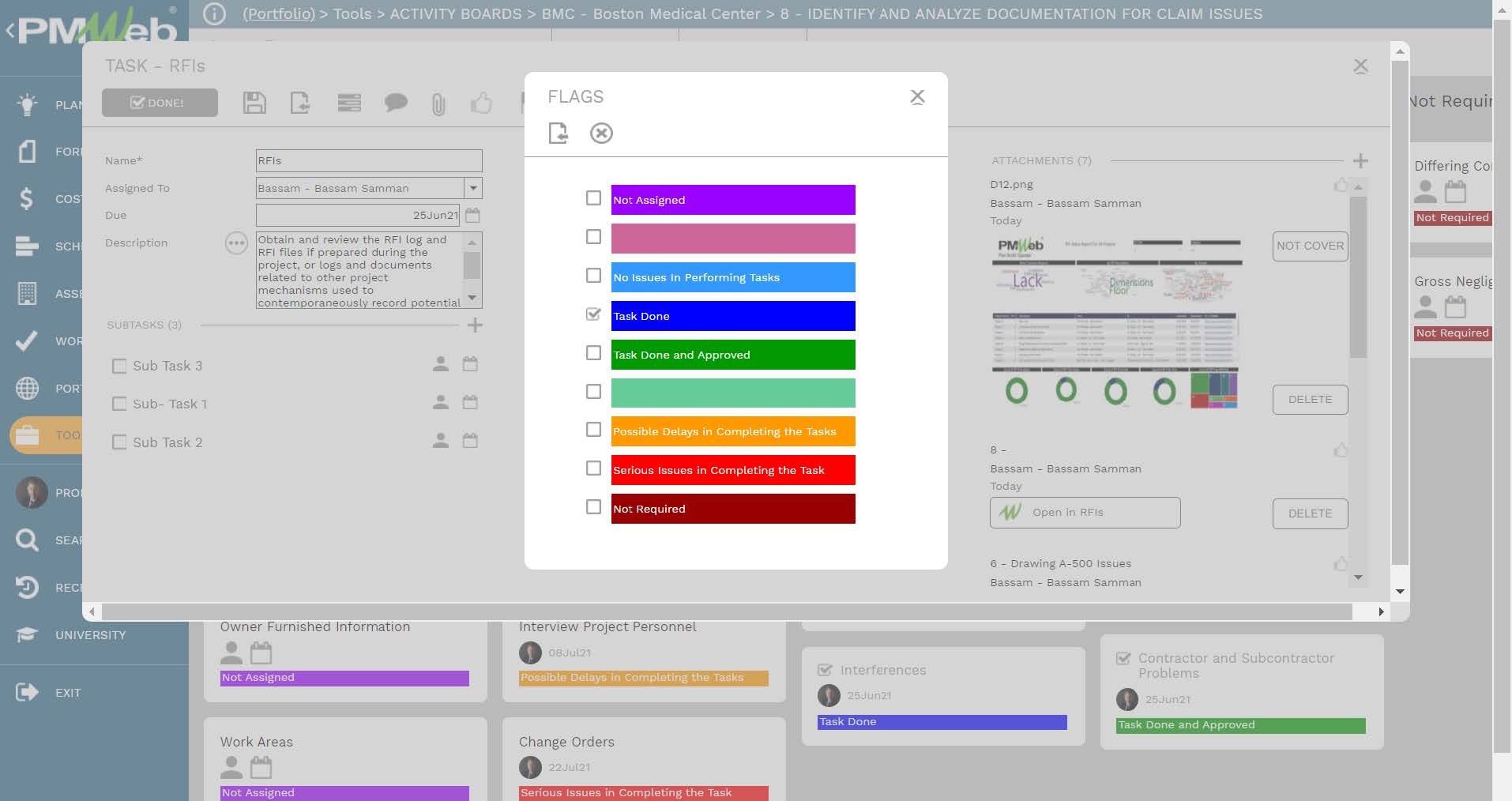 PMWeb 7 Tools Activity Boards BMC Boston Medical Center Identify and Analyze Documentation for Claim Issues Task RFIs Flags 