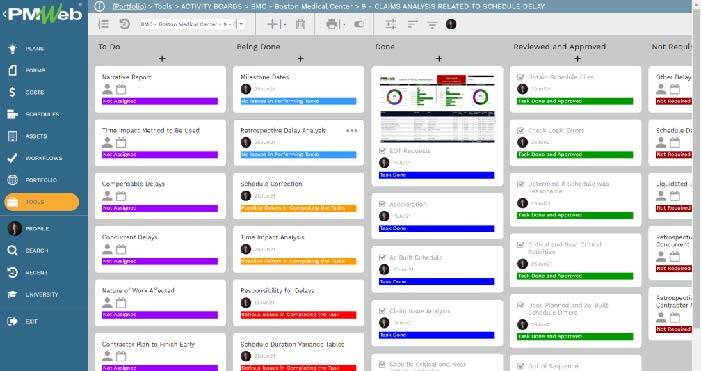 PMWeb 7 Tools Activity Boards BMC Boston Medical Center Identify and Analyze Documentation for Claim Analysis Related to Schedule Delay 