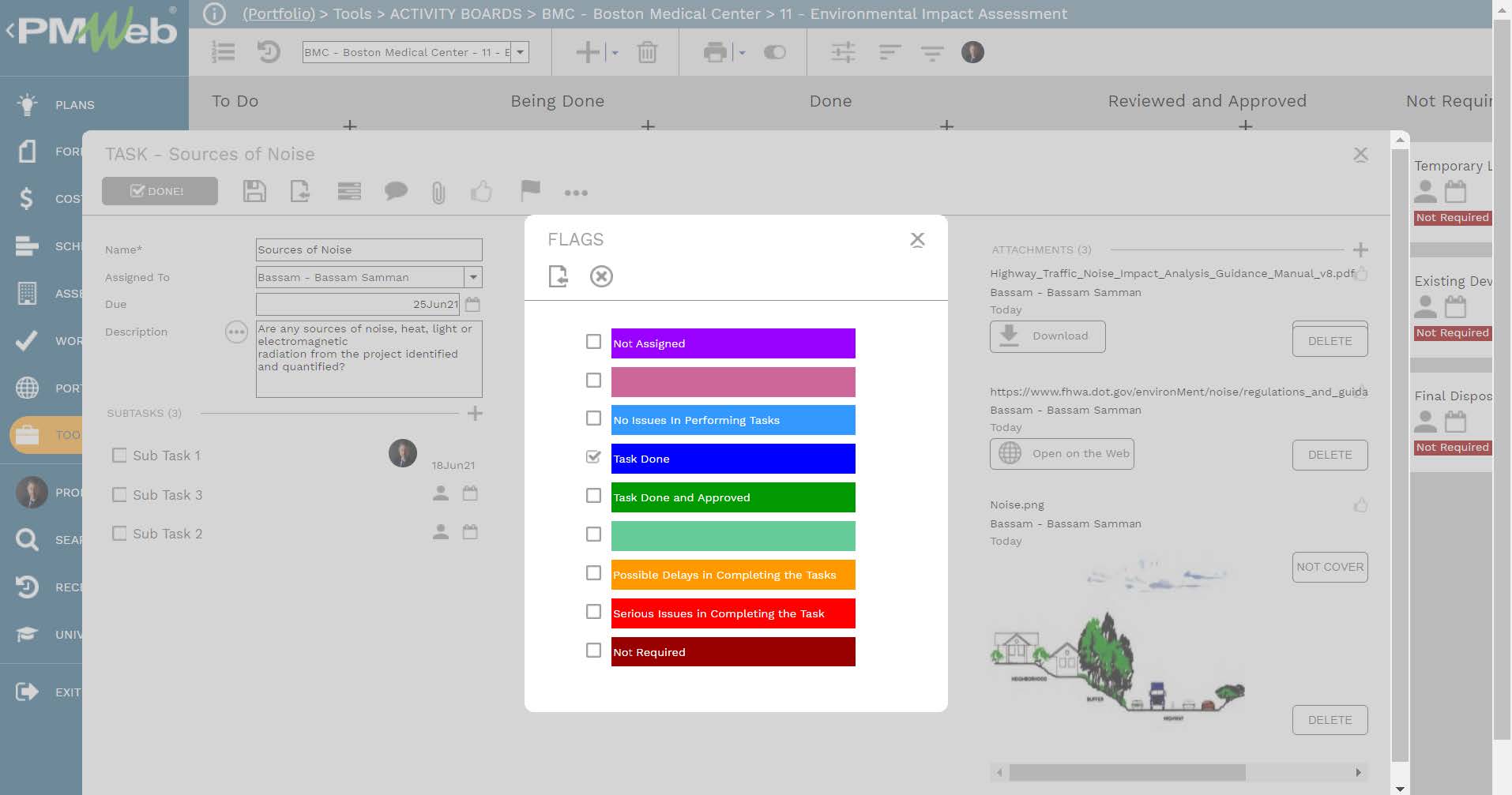 PMWeb 7 Tools Activity Boards BMC Boston Medical Center Environmental Impact Assessment Task Source of Noise Flags 