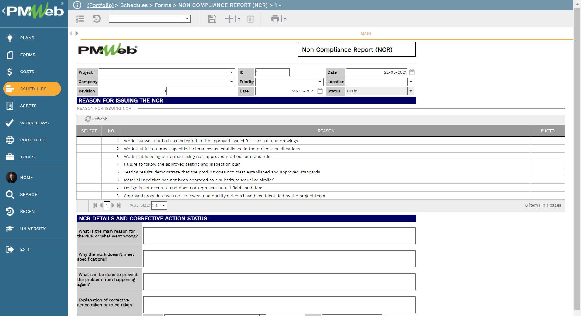 PMWeb 7 Schedules Forms Non Compliance Report (NCR) Main 