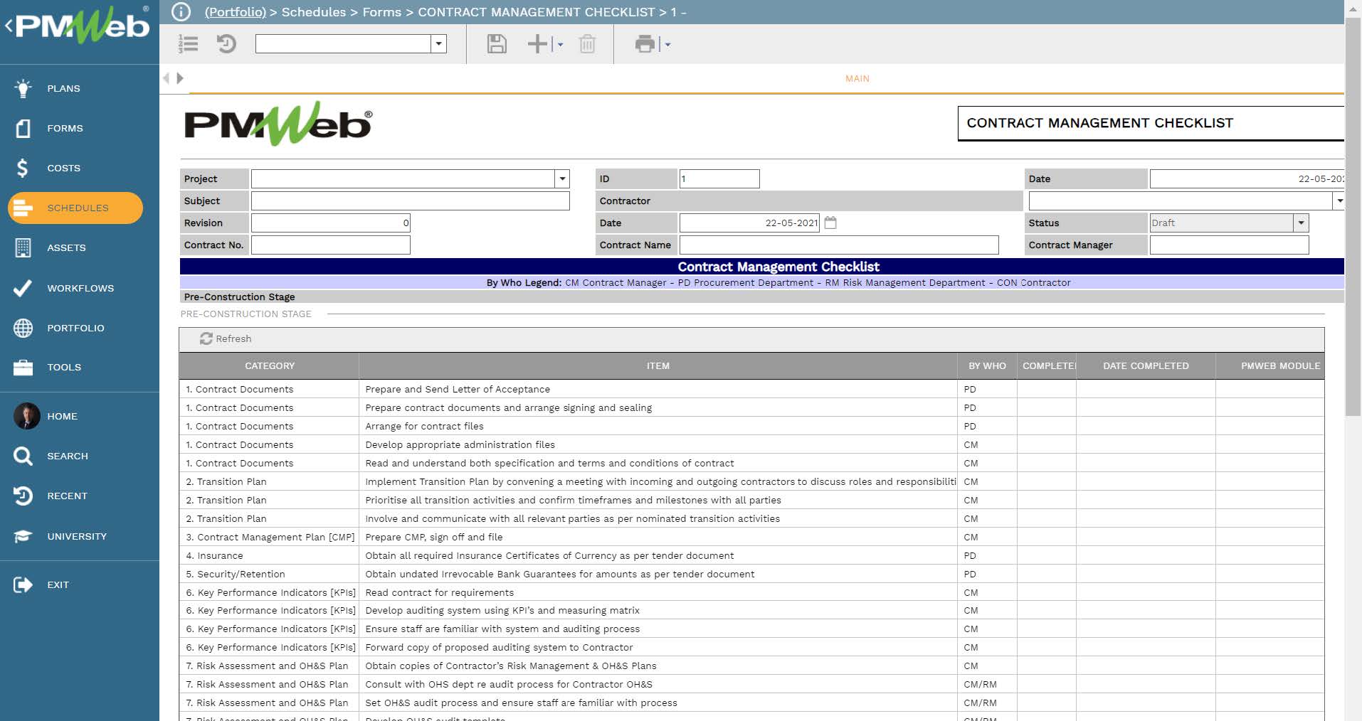 PMWeb 7 Schedules Forms Contract Management Checklist Main 