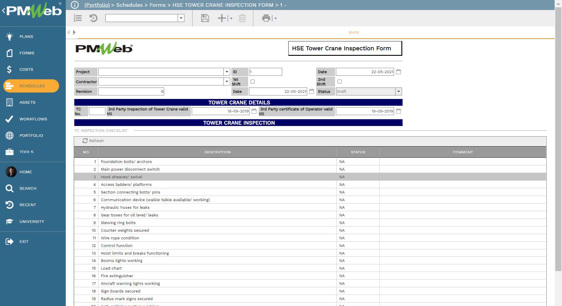 PMWeb 7 Schedules Forms HSE Tower Crane Inspection Form Main 