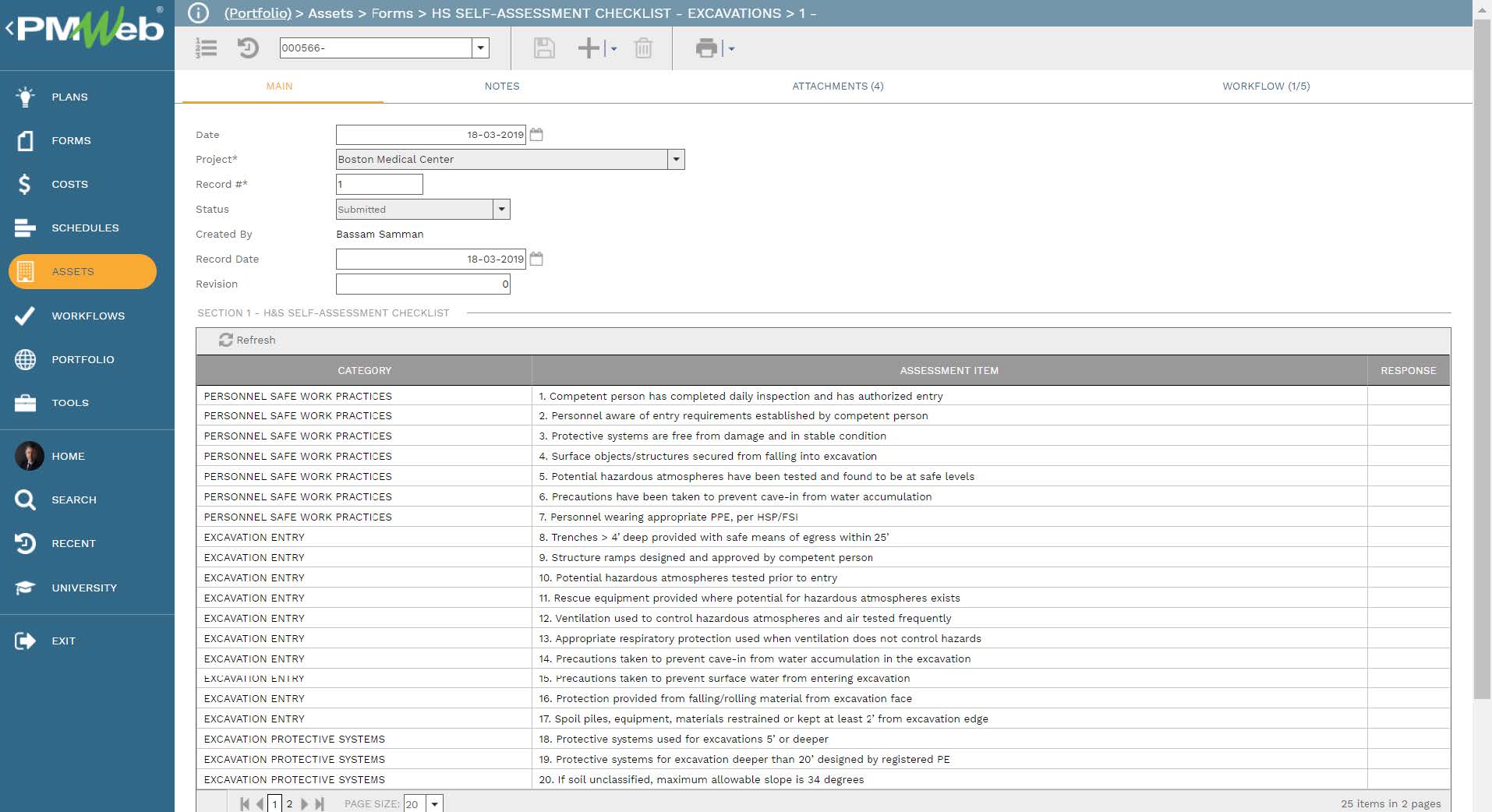 PMWeb 7 Assets Forms HS Self Assessment Checklist Excavation Main
