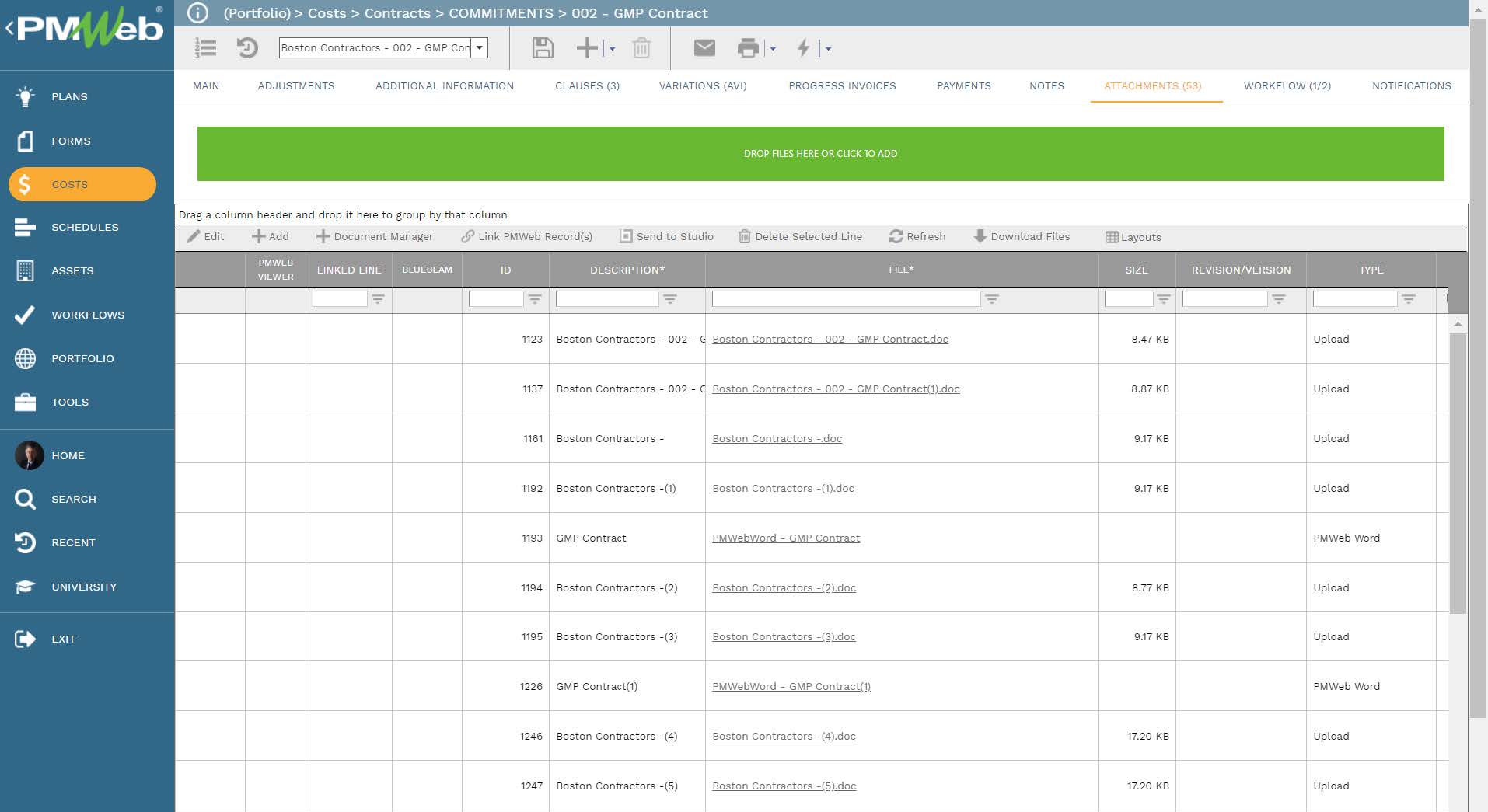 PMWeb 7 Costs Contracts Commitments GMP Contract Attachments 
