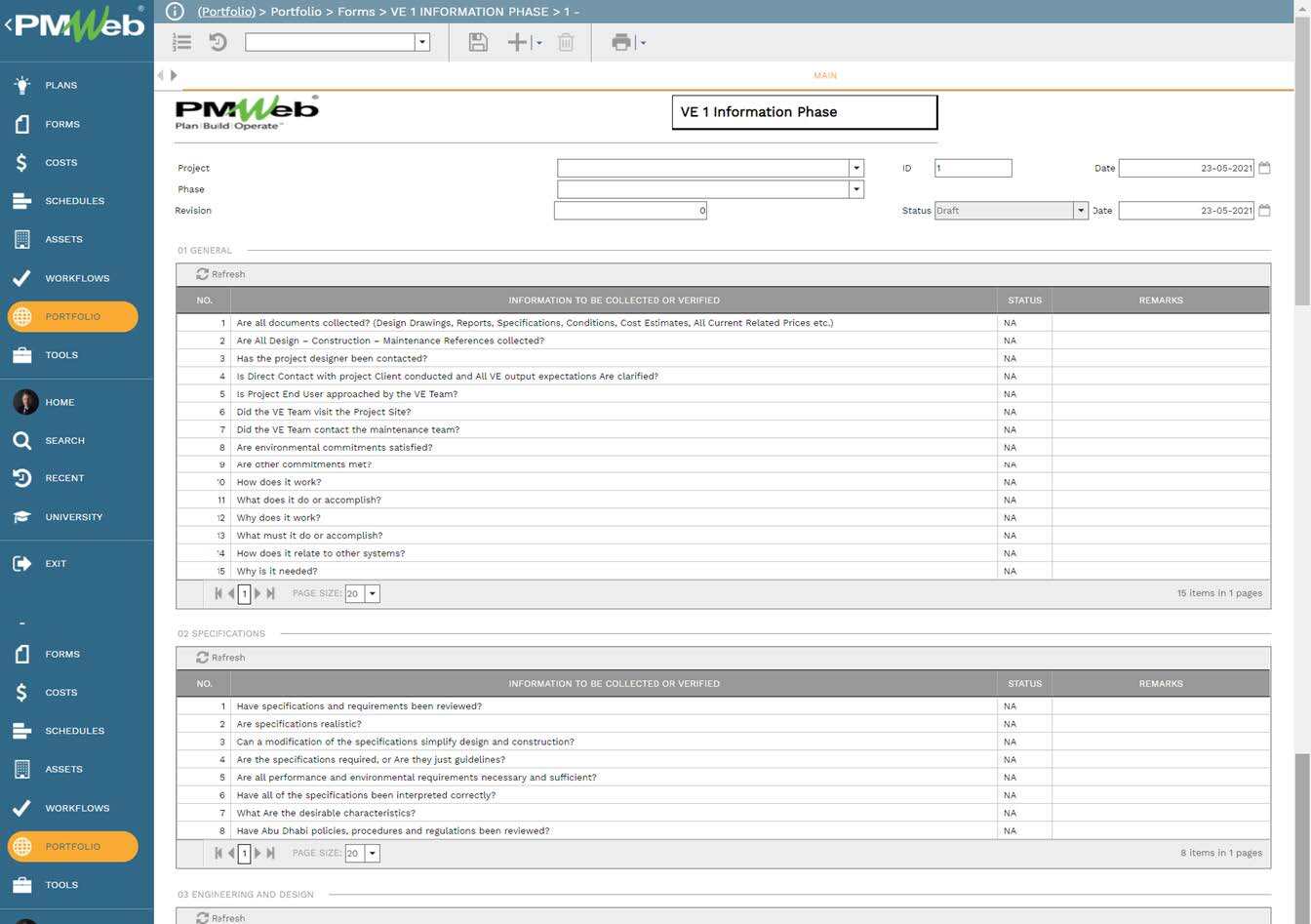 PMWeb 7 Portfolio Forms VE 1 Information Phase Main