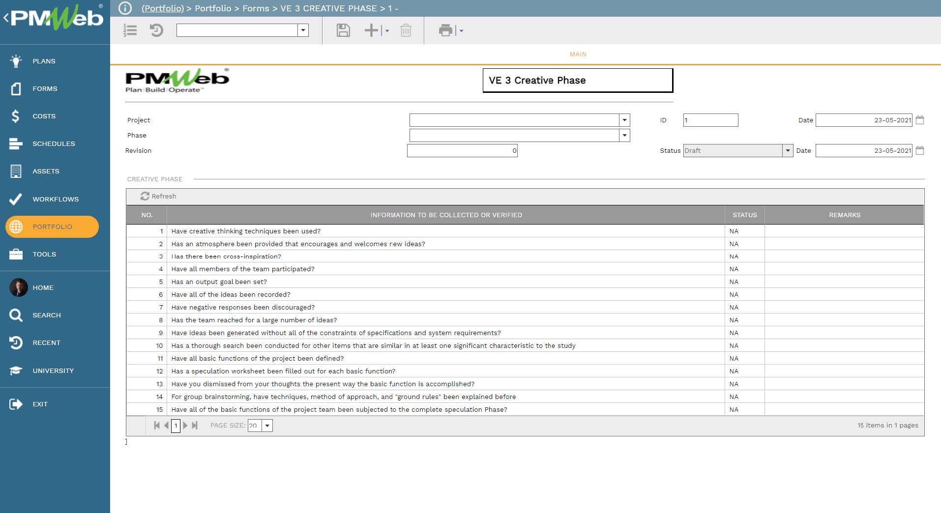 PMWeb 7 Portfolio Forms VE 3 Creative Phase Main