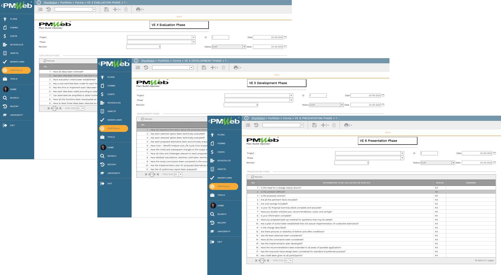 PMWeb 7 Portfolio Forms VE Evaluation VE 5 Development VE Presentation Phase Main