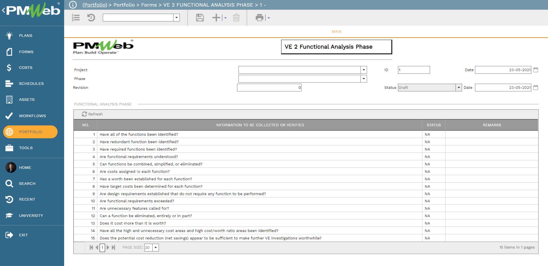 PMWeb 7 Portfolio Forms VE Function Analysis Phase