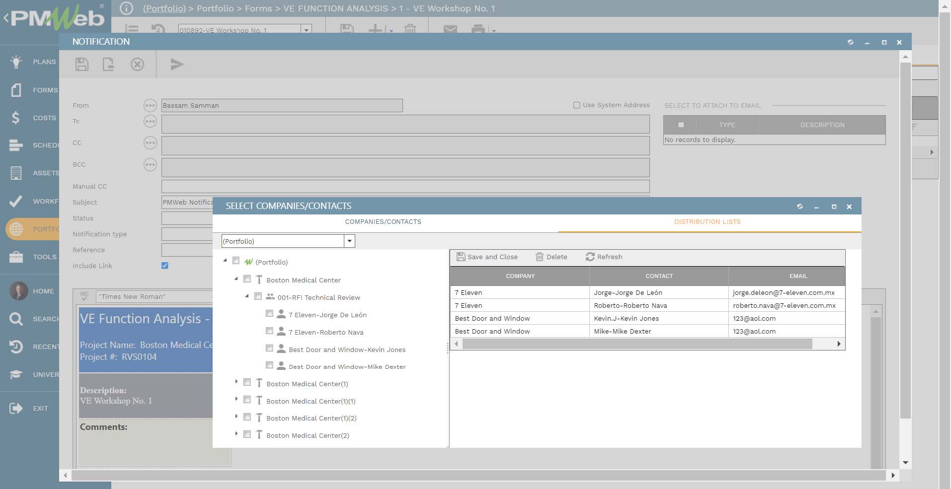 PMWeb 7 Portfolio Forms VE Function Analysis VE Workshop Notification Select Companies/Contacts