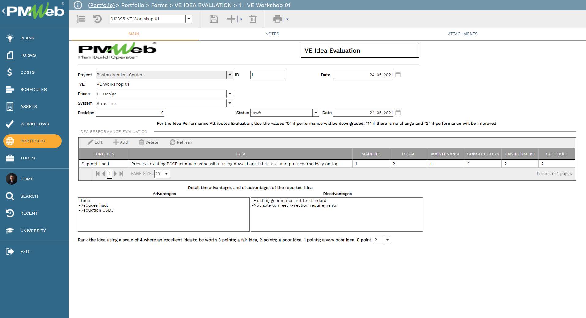 PMWeb 7 Portfolio Forms VE Idea Evaluation VE Workshop 01 Main